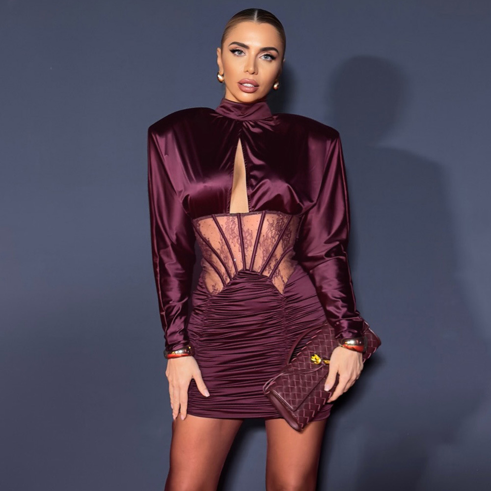 Sexy Burgundy Satin Corset Mini Dress - High Neck Long Sleeve Party Bodycon Z0029