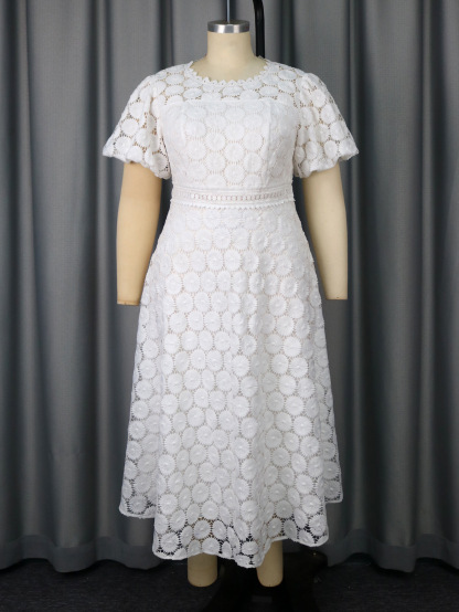 Plus-Sizes Elegant White Hollow-Out Lace Midi Dress - Perfect for Weddings, Receptions & Bridal Showers AM050348	-UGENA FASHION