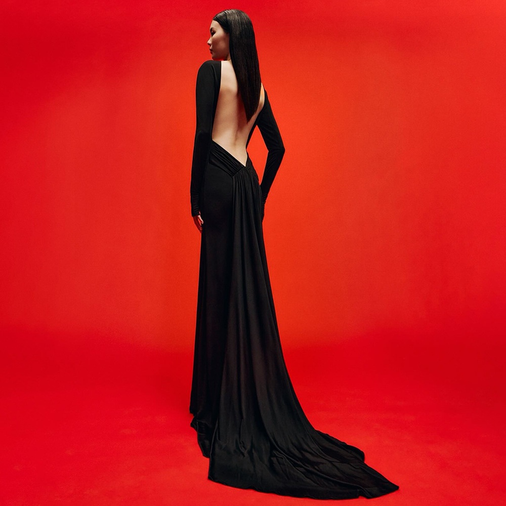 Black Open Back Long Sleeve Maxi Gown - Elegant Drape Train Formal Evening Dress BD2269