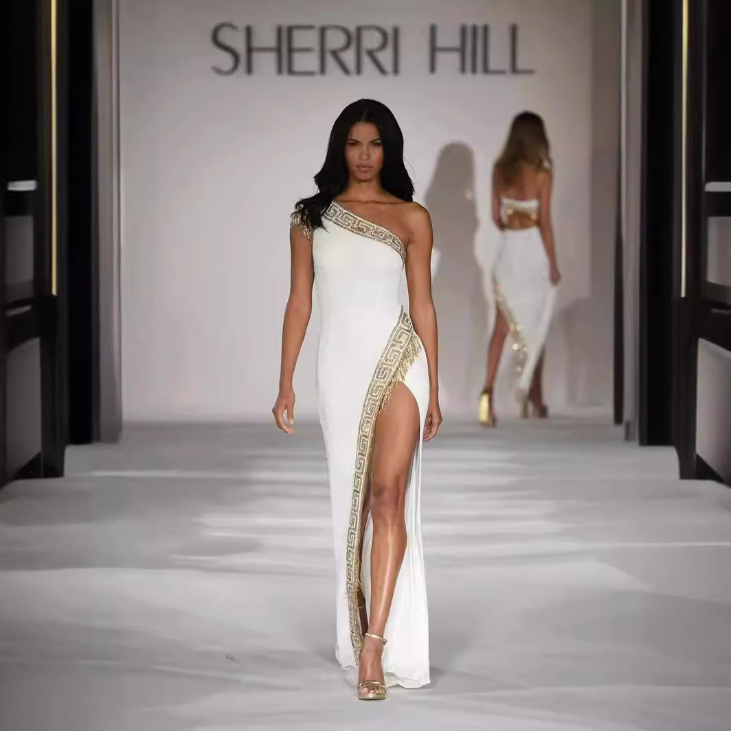 Elegant One-Shoulder Greek Key Trim Maxi Dress with Crystal Fringe Slit BA349