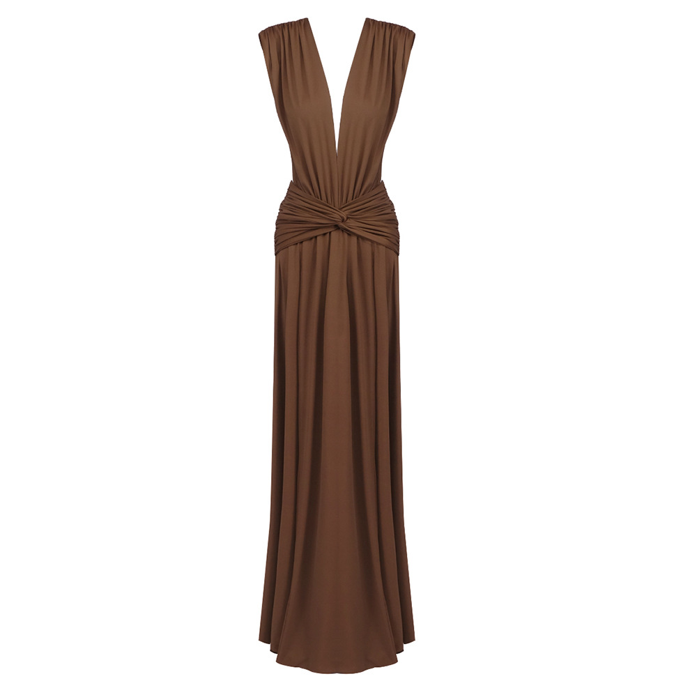 Bronze Goddess Deep V-Neck Draped Maxi Dress - Sultry Sleeveless Backless Ruched Evening Gown for Summer Soirée BD2673