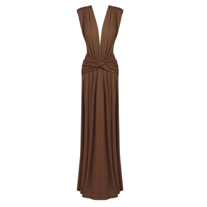 Bronze Goddess Deep V-Neck Draped Maxi Dress - Sultry Sleeveless Backless Ruched Evening Gown for Summer Soirée BD2673