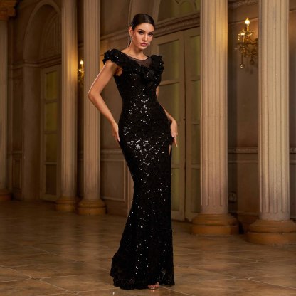 Elegant Black Sequin High Slit Gown - Ruffle Shoulder Sleeveless Formal Dress gm90165