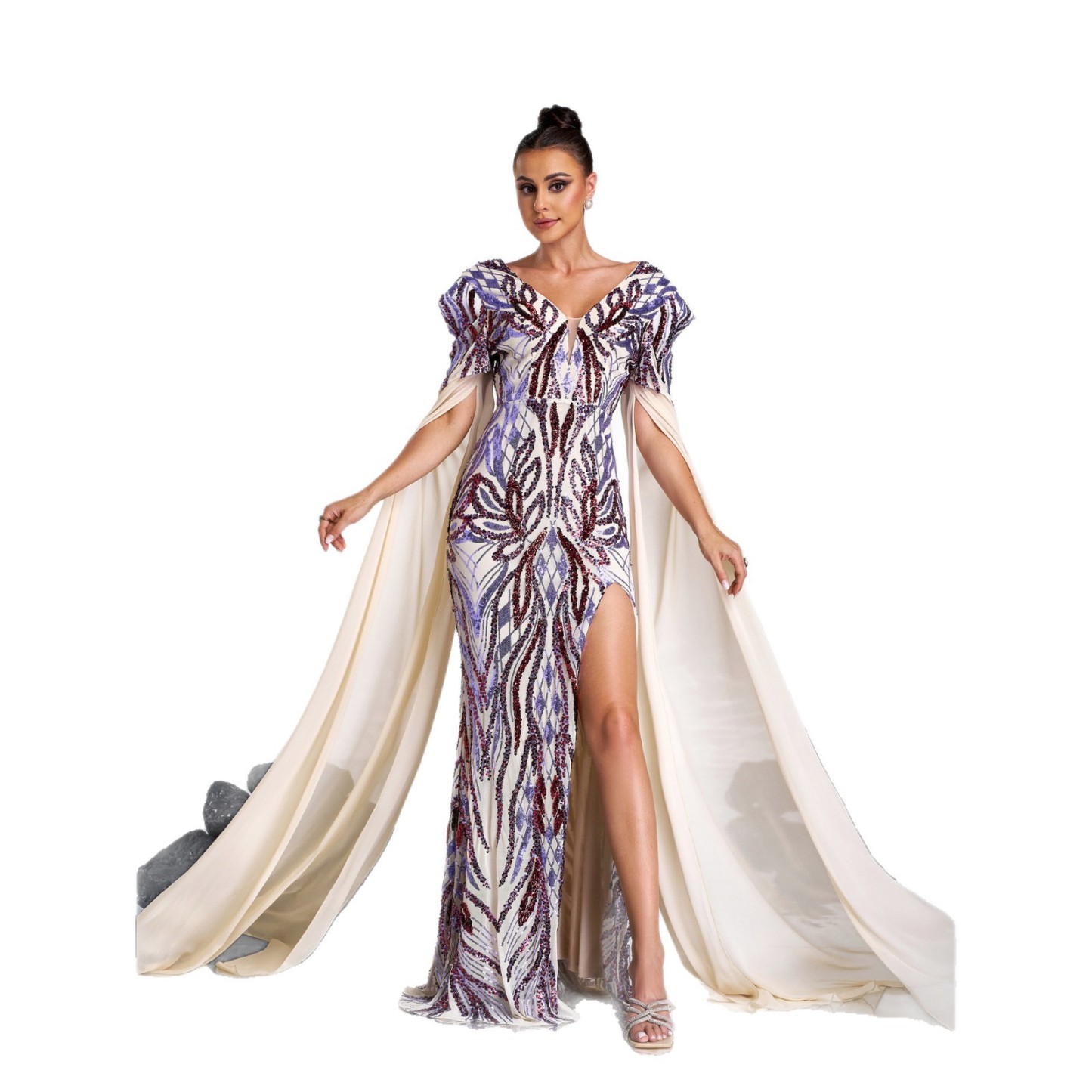Statement Abstract Sequin Cape Sleeve Gown - V-Neck High Slit Prom Dress gm01076