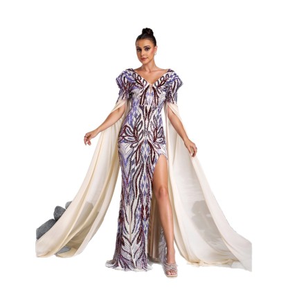 Statement Abstract Sequin Cape Sleeve Gown - V-Neck High Slit Prom Dress gm01076