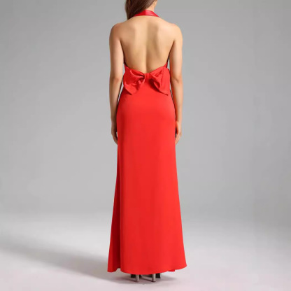 Stunning Red Backless Halter Neck Mermaid Gown with Oversized Bow - Perfect for Prom, Bridesmaid & Evening Party BA454