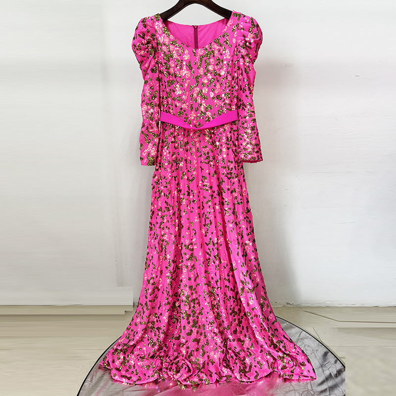 Glamorous Fuchsia Sequin Long Sleeve Evening Gown - Elegant V-Neck Puffed Shoulder Formal Prom Dress with Waist Belt 9105