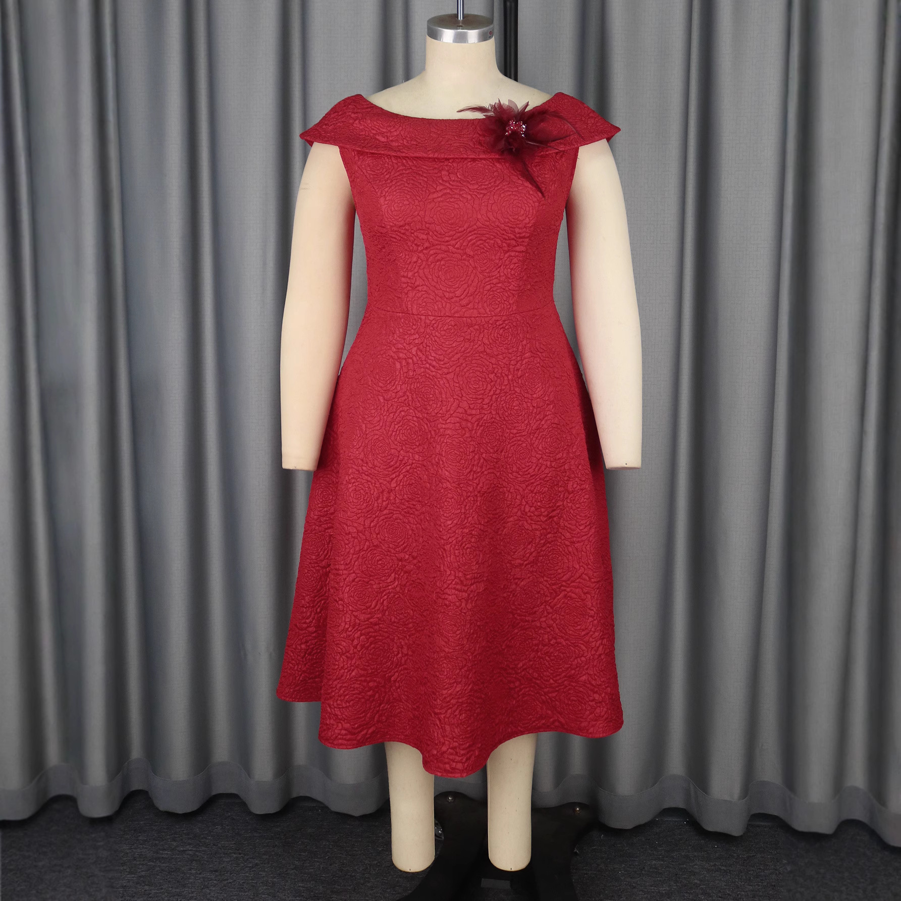 Plus-Sizes Elegant Red Off-Shoulder Midi Dress with Floral Brocade Texture - Perfect for Parties & Special Occasions AM050233	-UGENA FASHION