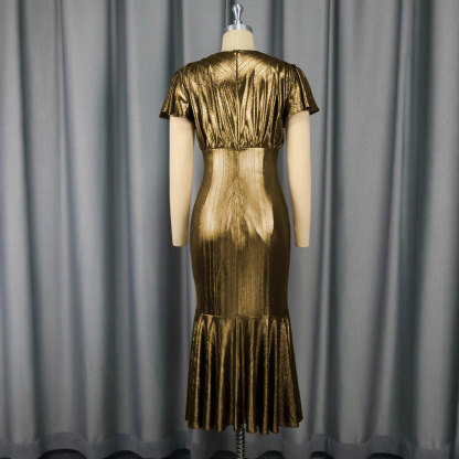 Plus-Sizes Glamorous Metallic Gold Ruched Mermaid Dress - V-Neck Bodycon Midi Gown with Floral Detail AM050339	-UGENA FASHION