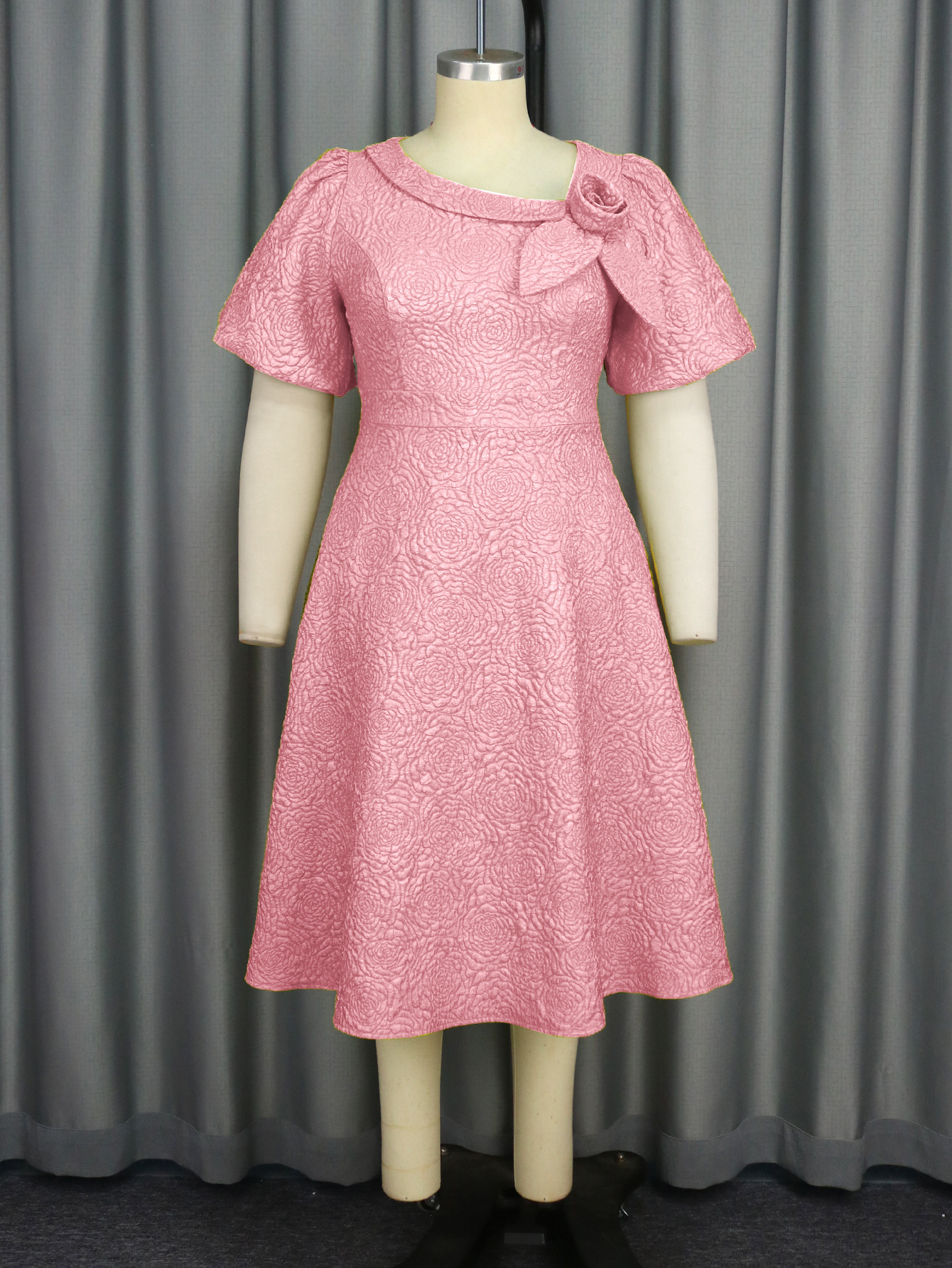 Plus-Sizes Elegant Jacquard Rose A-line Dress with Asymmetric Bow Neckline - Perfect for Wedding & Cocktail Parties AM040856	-UGENA FASHION