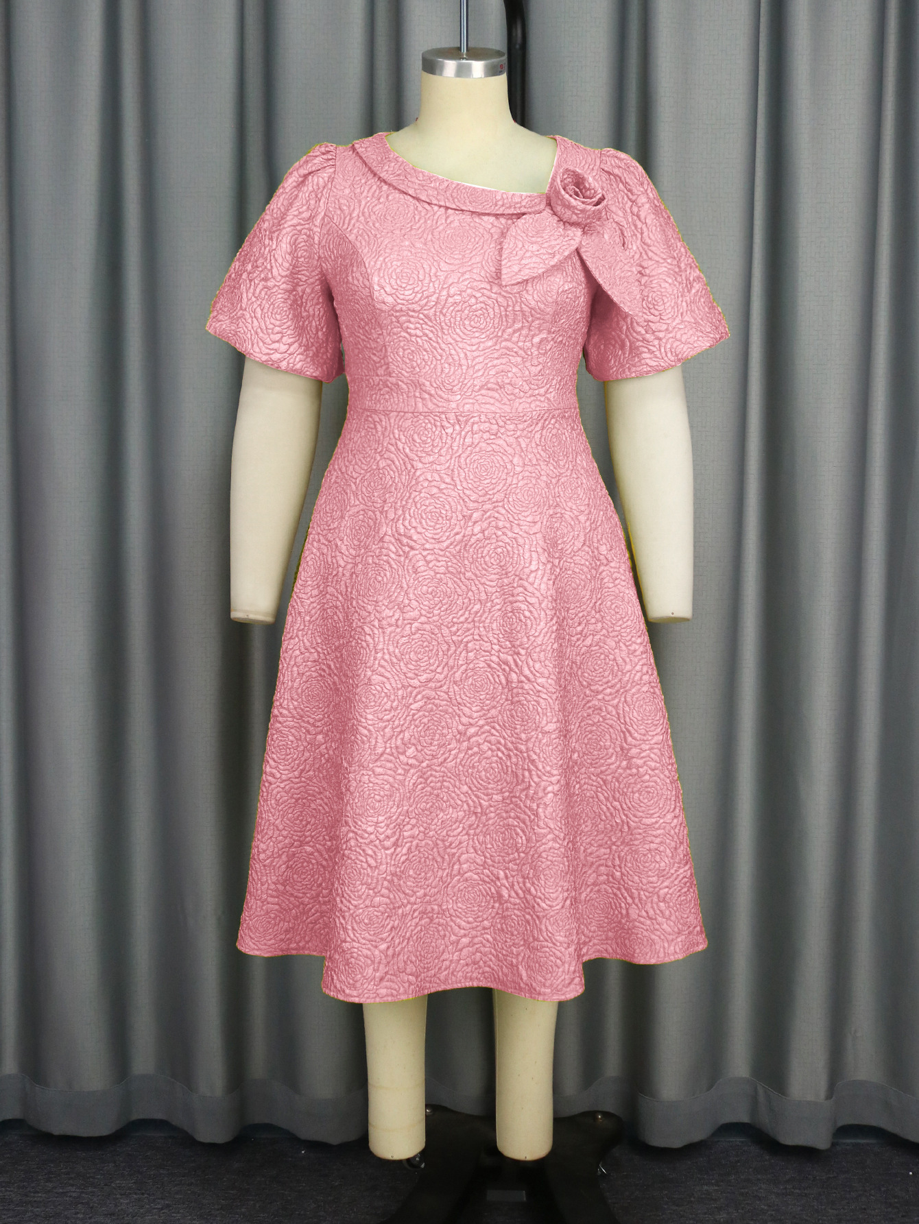 Plus-Sizes Elegant Jacquard Rose A-line Dress with Asymmetric Bow Neckline - Perfect for Wedding & Cocktail Parties AM040856	-UGENA FASHION