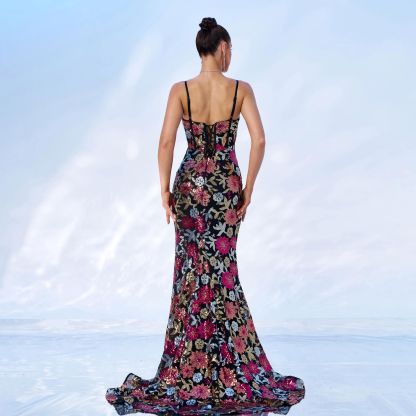 Multi-Color Floral Sequin Gown | Black Base Spaghetti Strap High Slit Dress rj11980
