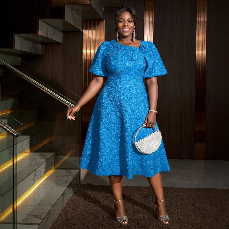 Plus-Sizes Elegant Jacquard Rose A-line Dress with Asymmetric Bow Neckline - Perfect for Wedding & Cocktail Parties AM040856	-UGENA FASHION