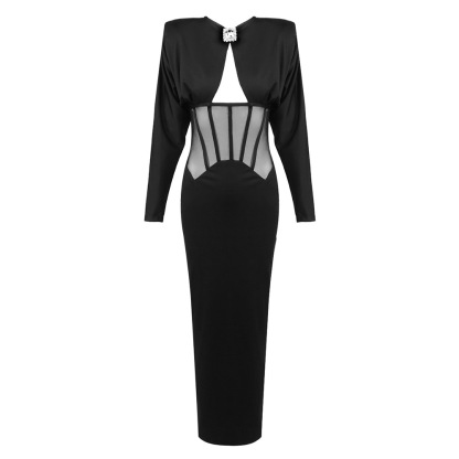 Elegant Black Long Sleeve Corset Maxi Dress - Sexy Cut-Out Waist Mesh Evening Gown with Crystal Buckle Detail BD2663