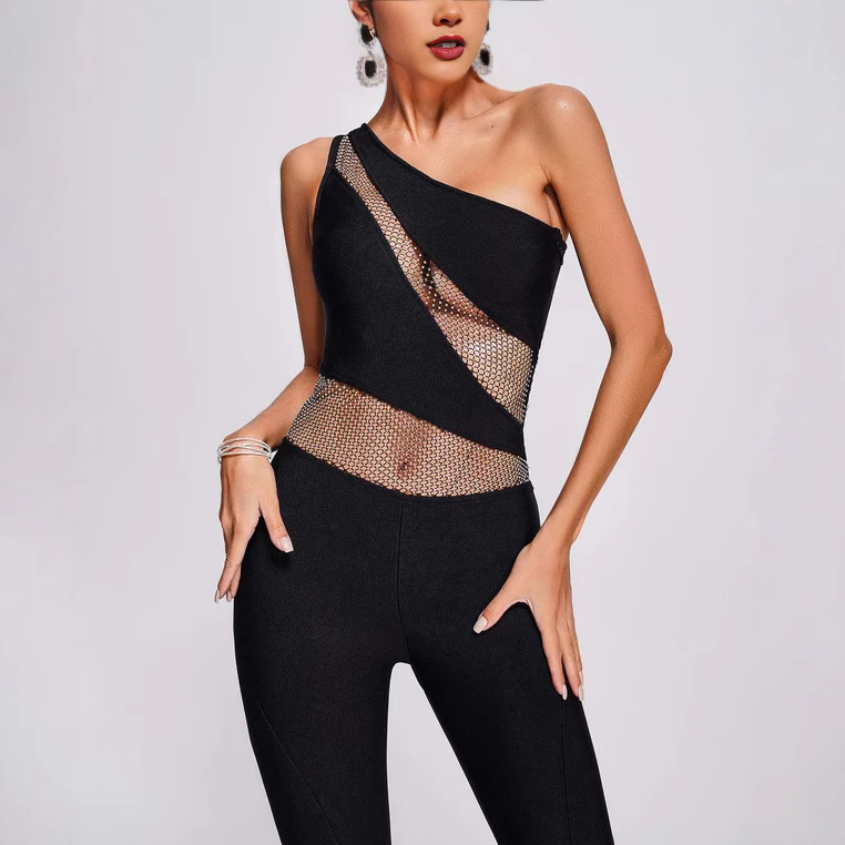 Dazzling One Shoulder Crystal Mesh Jumpsuit – Black Flared Leg Bodycon Romper BA352