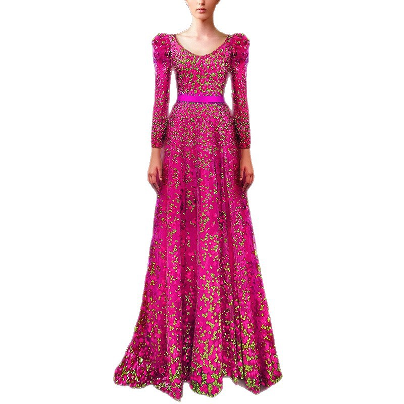 Glamorous Fuchsia Sequin Long Sleeve Evening Gown - Elegant V-Neck Puffed Shoulder Formal Prom Dress with Waist Belt 9105