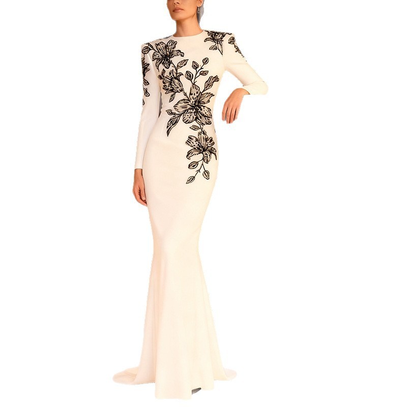 Elegant White Hand-Beaded Floral Long Sleeve Mermaid Gown  3080