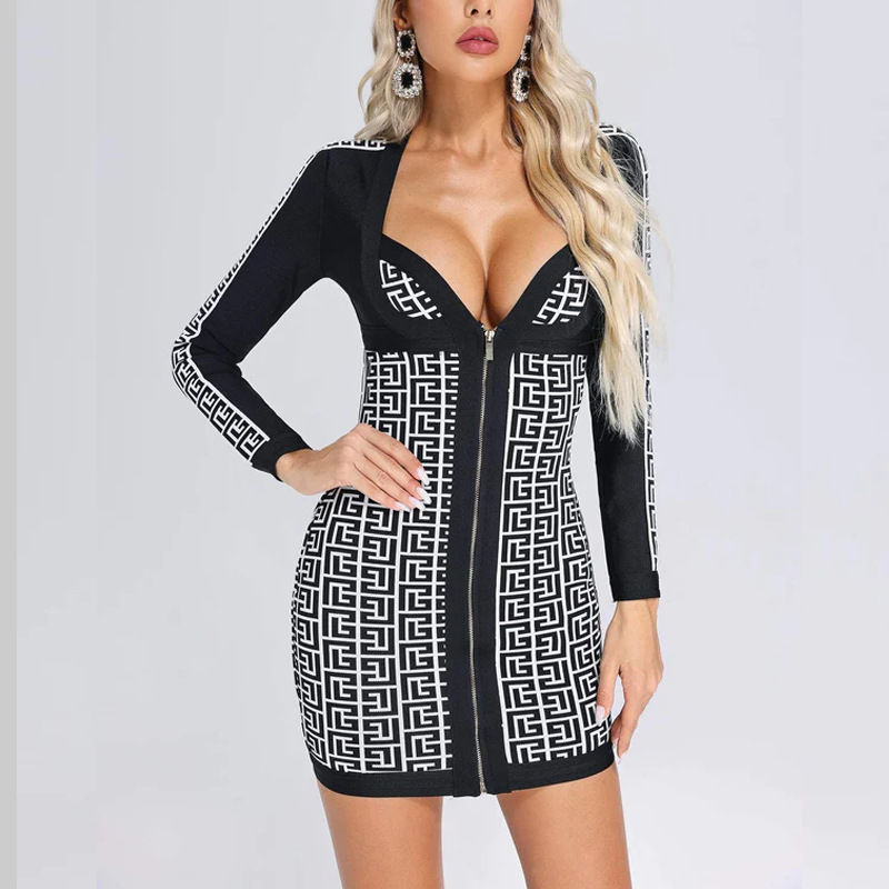 Black & White Geometric Monogram Bodycon Dress – Long Sleeve Zip Front Mini Dress BA351