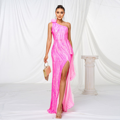 Dazzling Neon Pink One-Shoulder Sequin Gown with High Slit and Ruffle Detail gm00079