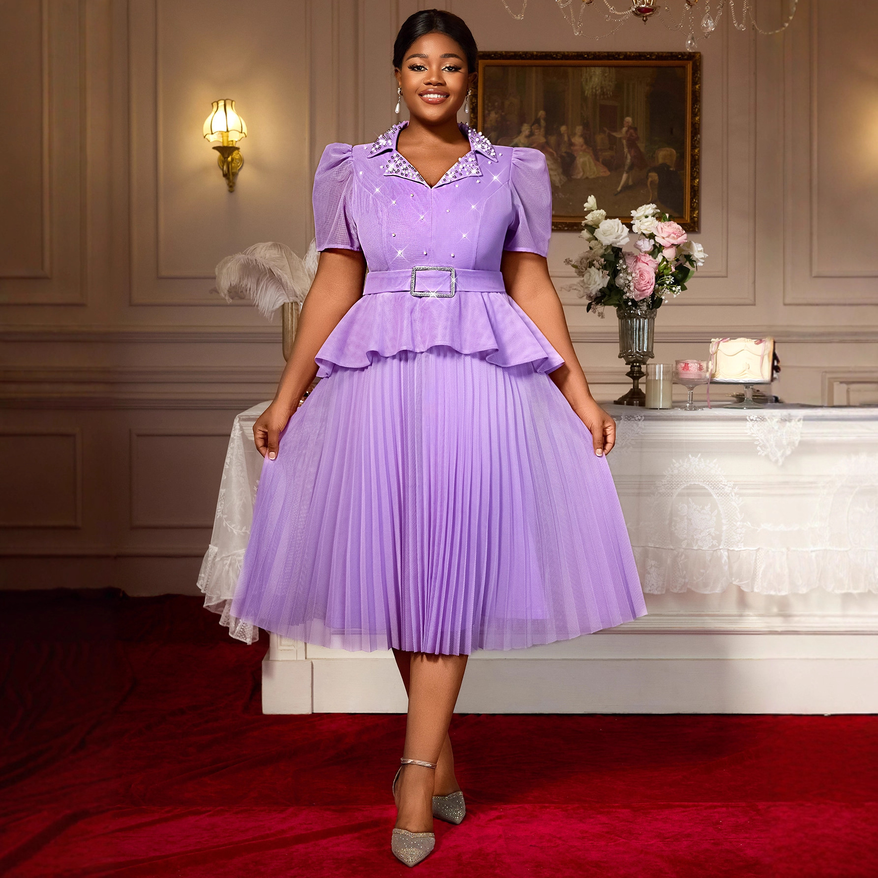 Plus-Sizes Pearl Embellished  Pleated Midi Dress AM050405	-UGENA FASHION
