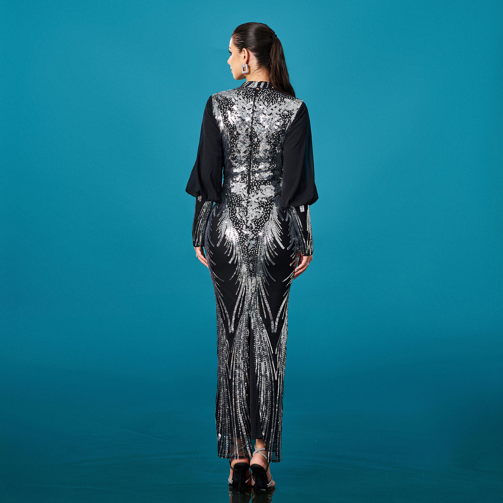 Luxury Black High Neck Sequin Gown with Silver Feather Embroidery & Bishop Sleeves gm00718