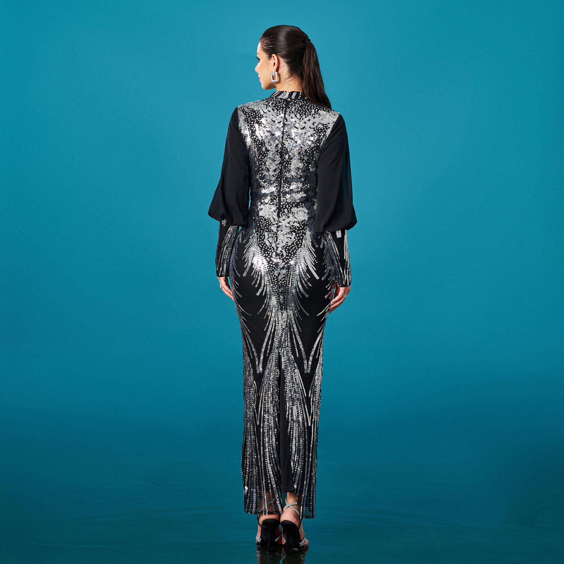 Luxury Black High Neck Sequin Gown with Silver Feather Embroidery & Bishop Sleeves gm00718