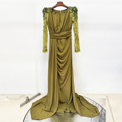 Elegant Olive Green Beaded Long Sleeve Draped Gown 9009