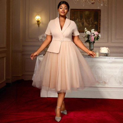 Plus-Sizes Chic Belted Peplum Mesh Dress - Elegant  Formal Gown AM050443	-UGENA FASHION