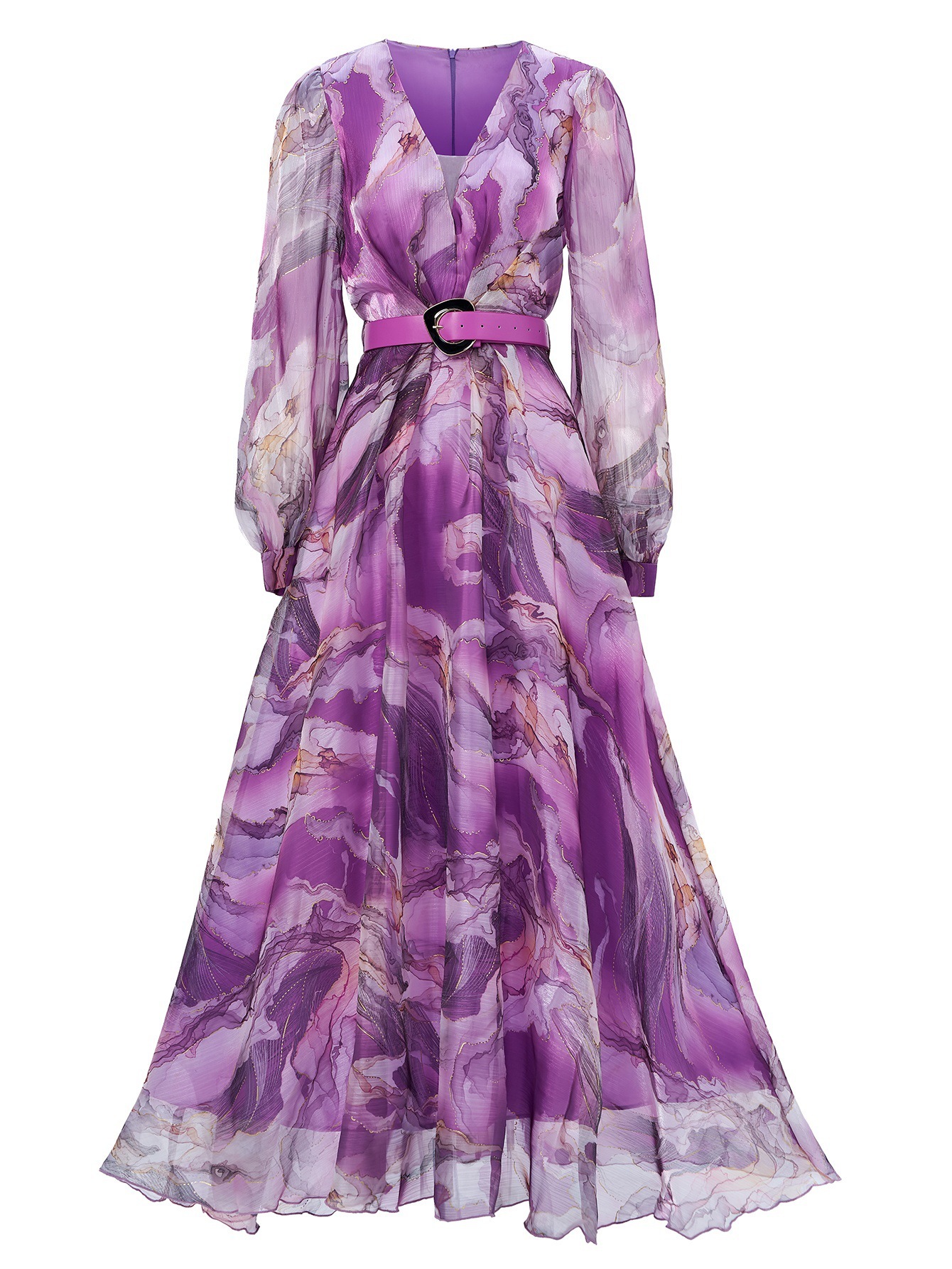 Marbled Print Chiffon Maxi Dress with Belt | Yellow V-Neck Balloon Long Sleeve Flowy Gown | Elegant Summer/Formal Occasion Wear qc18