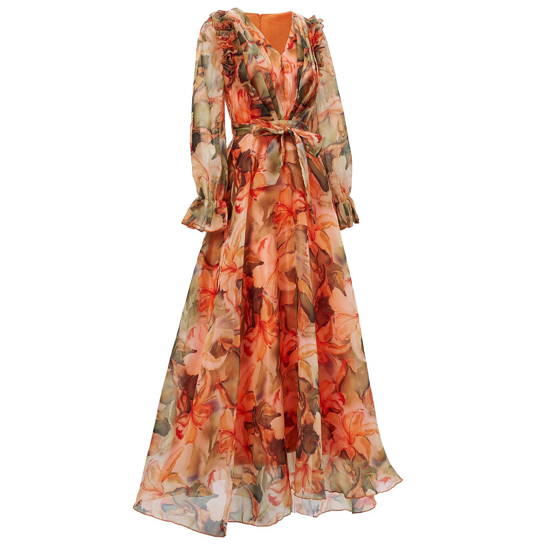 Terracotta Floral Chiffon Maxi Dress | Ruffle Shoulder V-Neck Gown with Tie-Waist Belt | Elegant Fall Wedding Guest & Resort Wear qc23