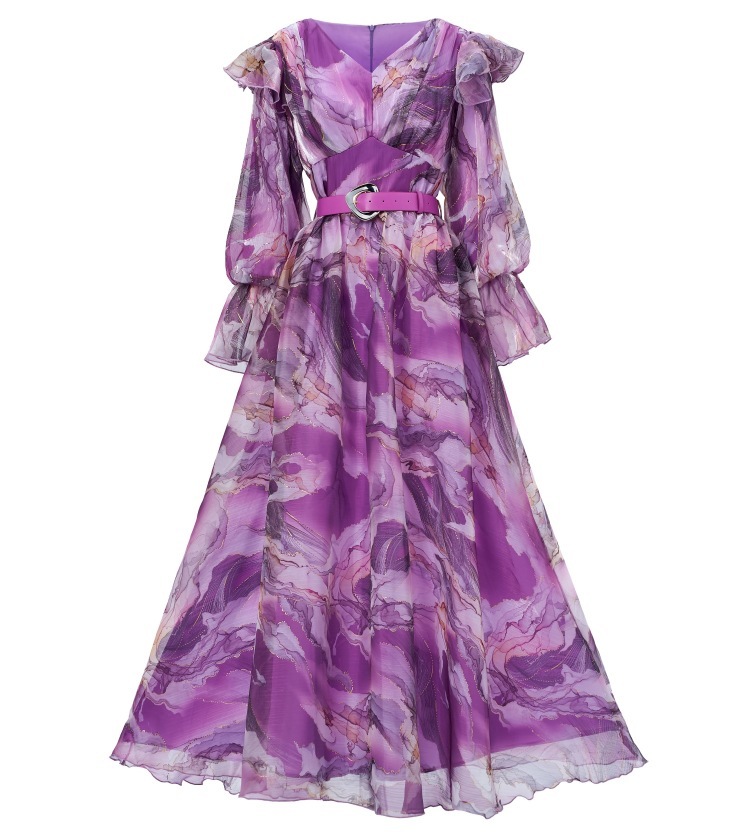 Maxi Chiffon Ruffle Dress with Belt | Yellow Marbled Print V-Neck Long Sleeve Flowy Boho Gown | Elegant Summer/Fall Occasion Wear for Women  qc17