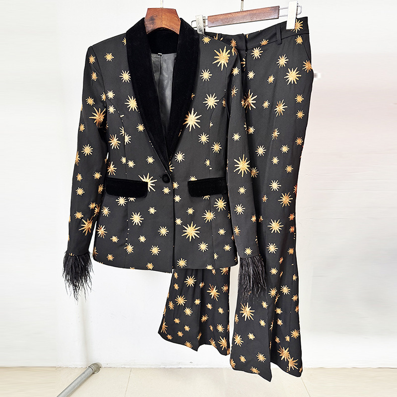 Black & Gold Star Print Suit Set - Feather Trim Flared Pants 3085
