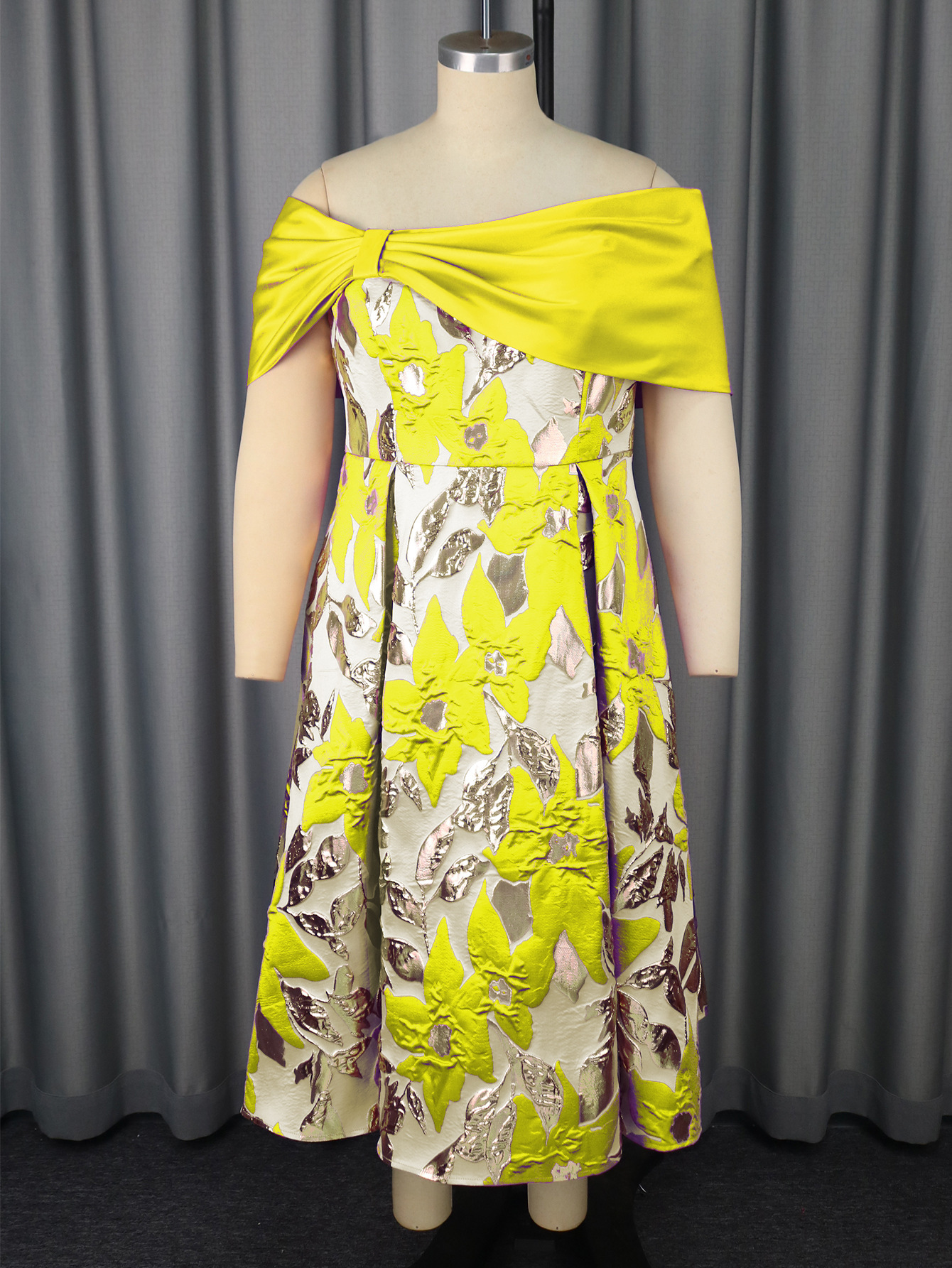 Plus-Sizes Floral Brocade Off-Shoulder Midi Cocktail Dress AM050225			-UGENA FASHION
