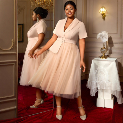 Plus-Sizes Chic Belted Peplum Mesh Dress - Elegant  Formal Gown AM050443	-UGENA FASHION