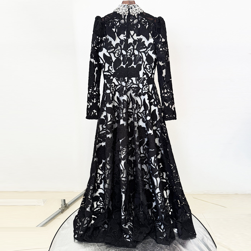 Luxurious Black Lace Long Sleeve Evening Gown with Crystal Jeweled Collar - Elegant Floor-Length Formal Gala & Party Dress 9106