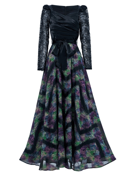 Long Sleeve Print Maxi Dress for Formal Cocktail Party qc16