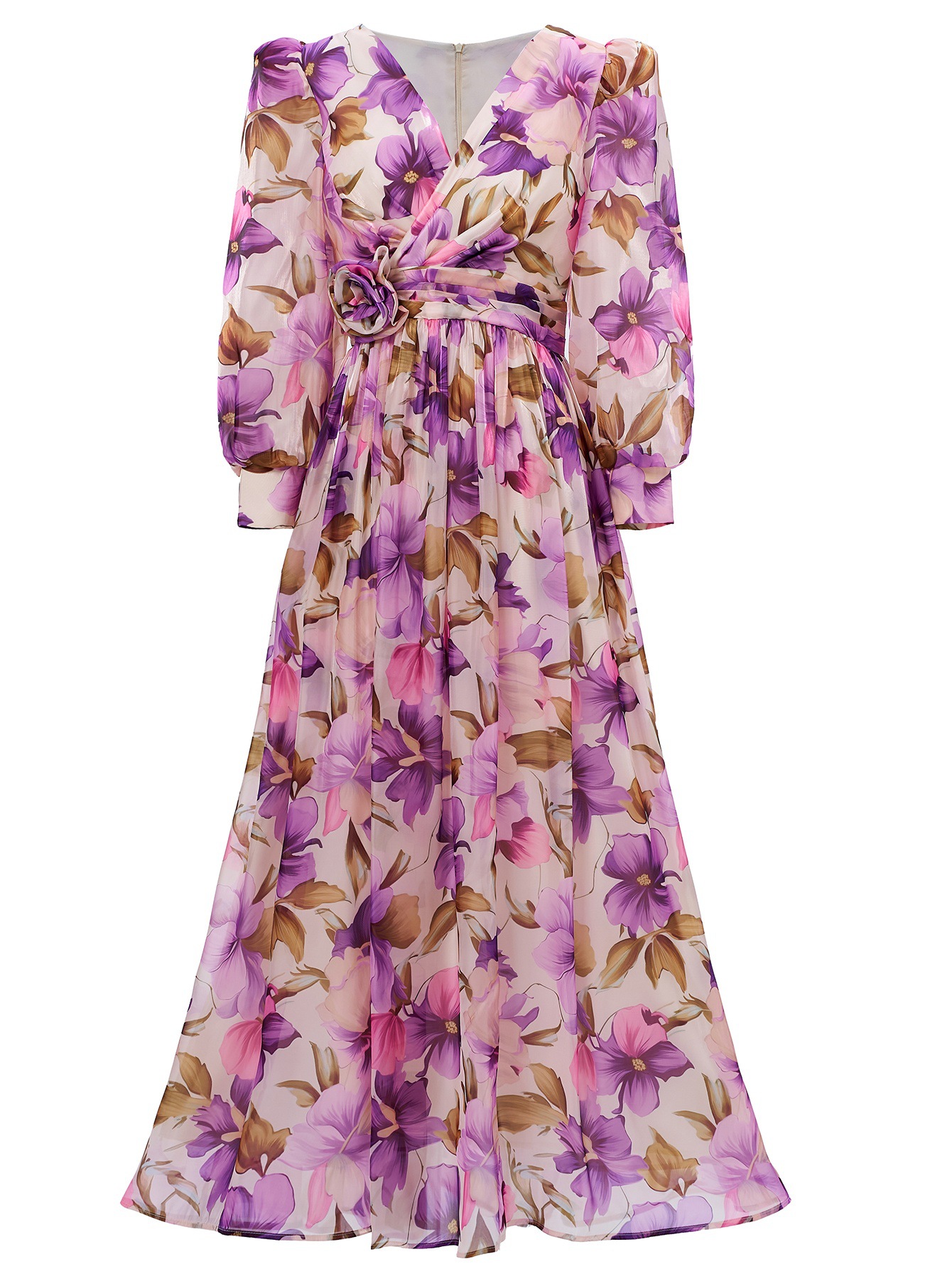 Coral Floral Print Maxi Chiffon Dress | V-Neck Long Sleeve Flowy Gown with Ruched Waist Detail | Elegant Summer Wedding Guest Attire qc19