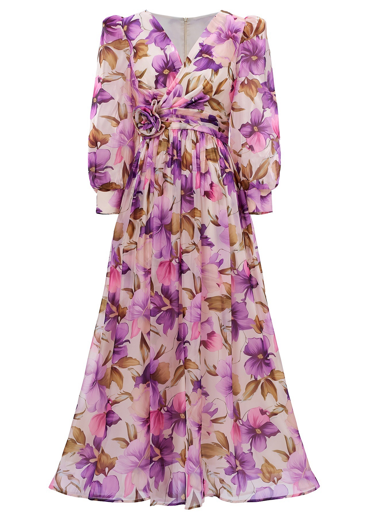 Coral Floral Print Maxi Chiffon Dress | V-Neck Long Sleeve Flowy Gown with Ruched Waist Detail | Elegant Summer Wedding Guest Attire qc19