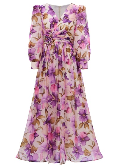 Coral Floral Print Maxi Chiffon Dress | V-Neck Long Sleeve Flowy Gown with Ruched Waist Detail | Elegant Summer Wedding Guest Attire qc19
