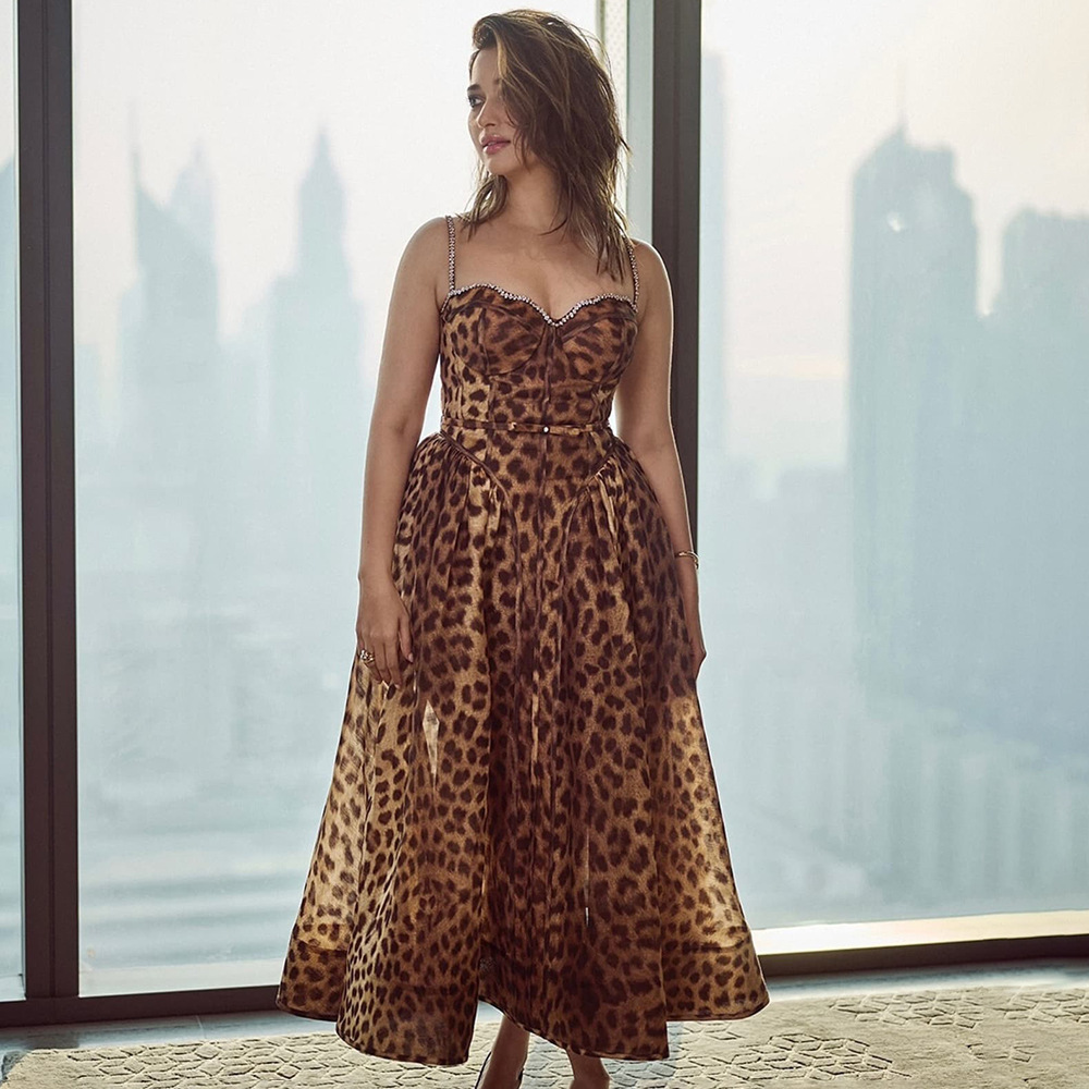 Leopard Print Bustier A-Line Midi Dress - Rhinestone Strap Corset Style Sundress BD2583