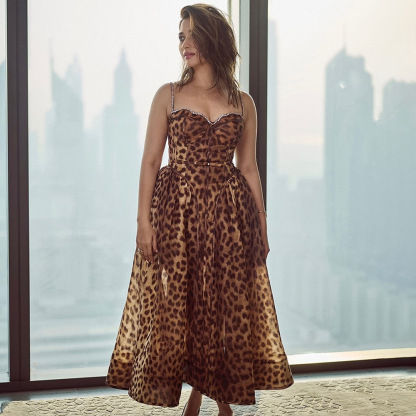 Leopard Print Bustier A-Line Midi Dress - Rhinestone Strap Corset Style Sundress BD2583