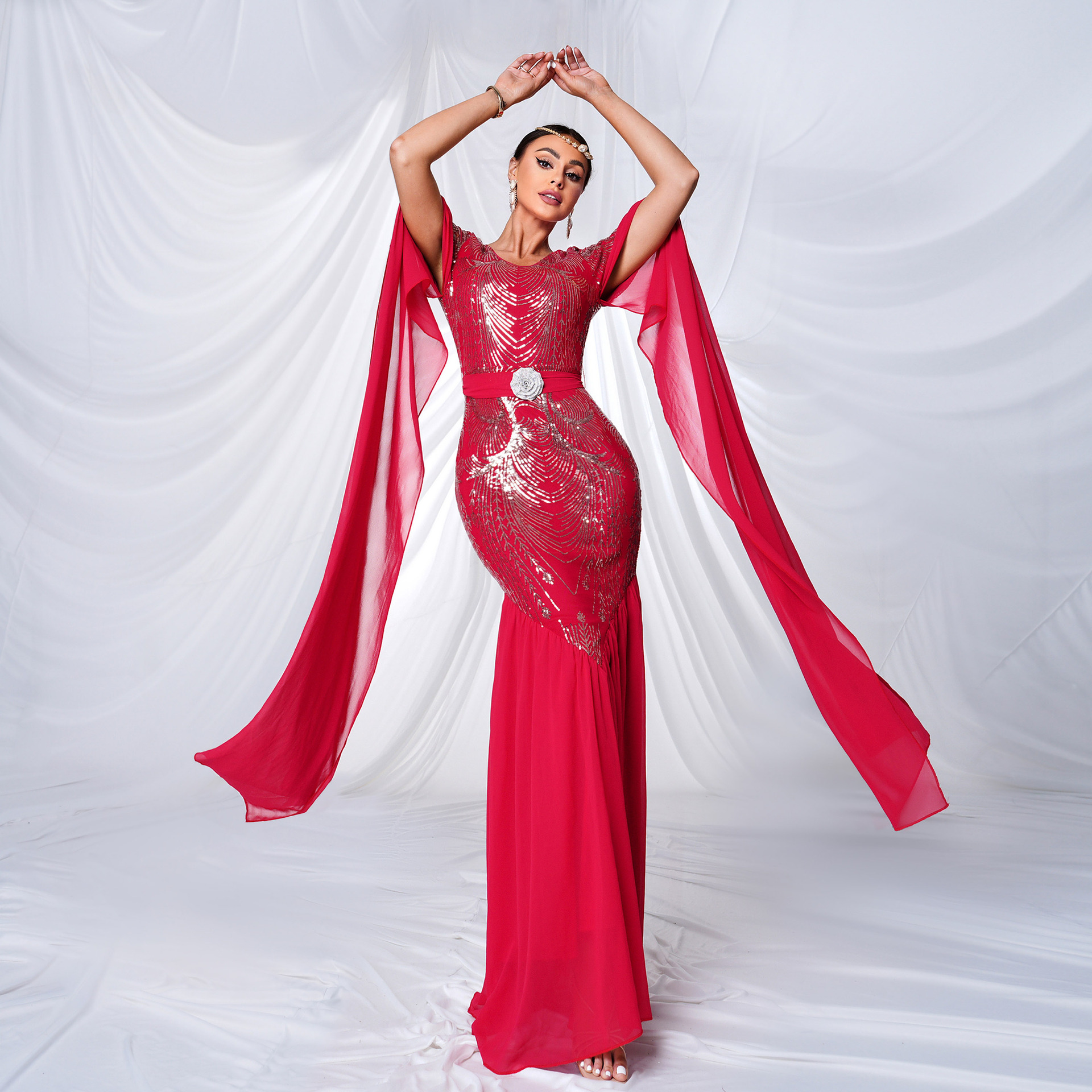 Regal Red Sequin Mermaid Gown with Flowing Cape Sleeves | Modest Arabic Kaftan Formal Dress mes00430