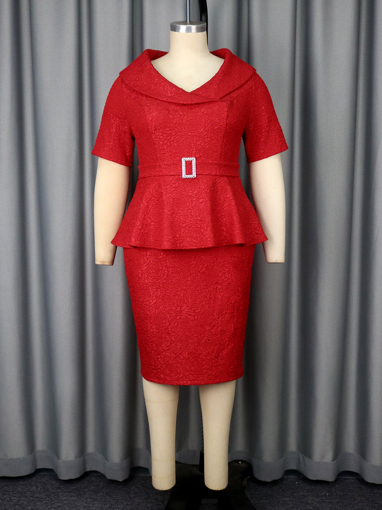 Plus-Sizes Elegant Peplum Skirt Suit with Rhinestone Belt AM050134	-UGENA FASHION