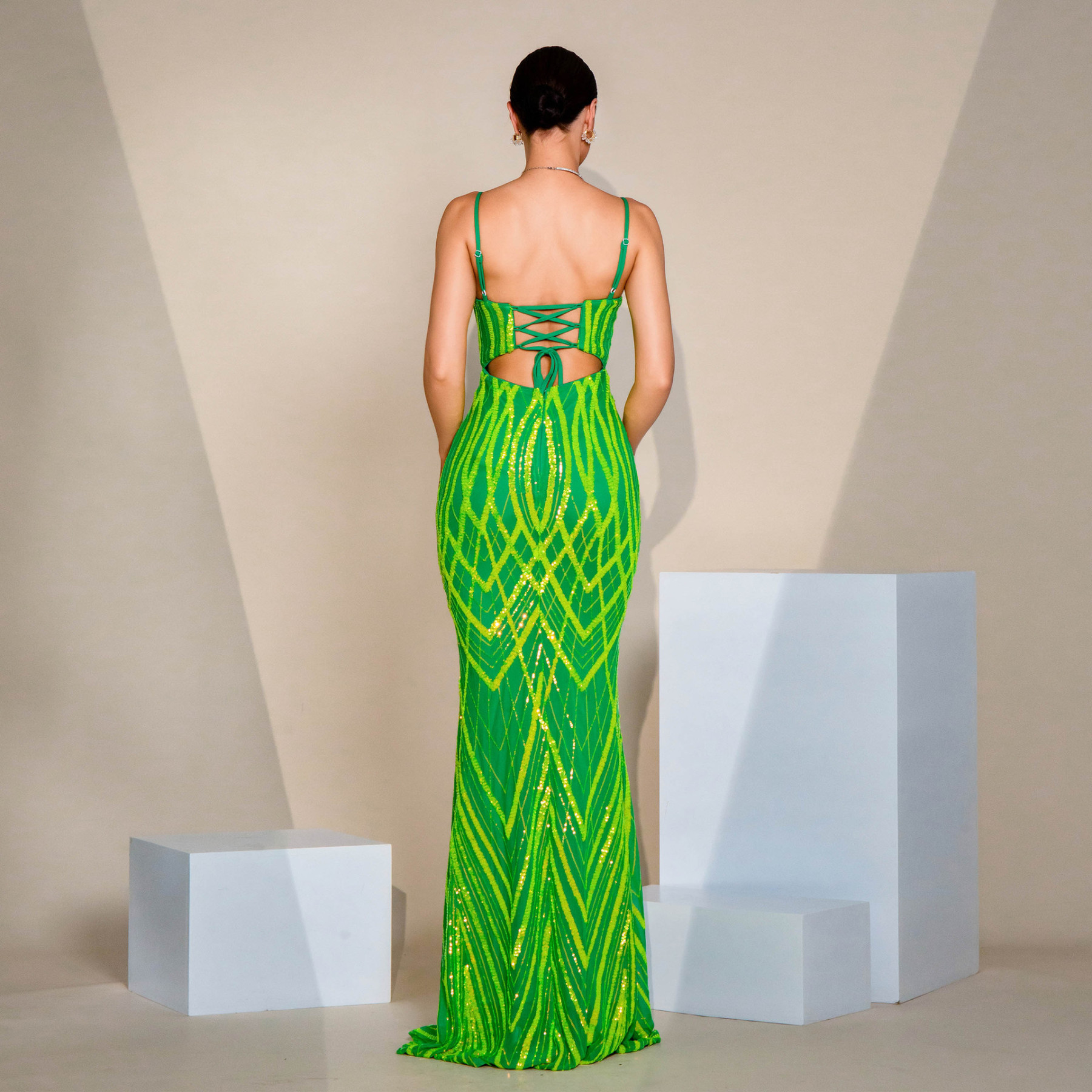 Fluorescent Green Sequin Mermaid Gown with V-Neck & Crisscross Back - Showstopper Prom Dress rj0066