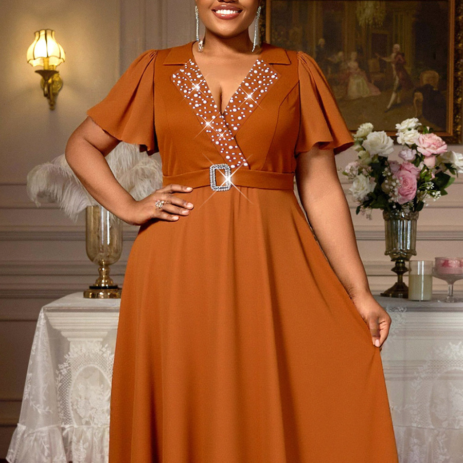 Plus-Sizes Elegant Sequin V-Neck Dress with Rhinestone Belt AM050508	-UGENA FASHION