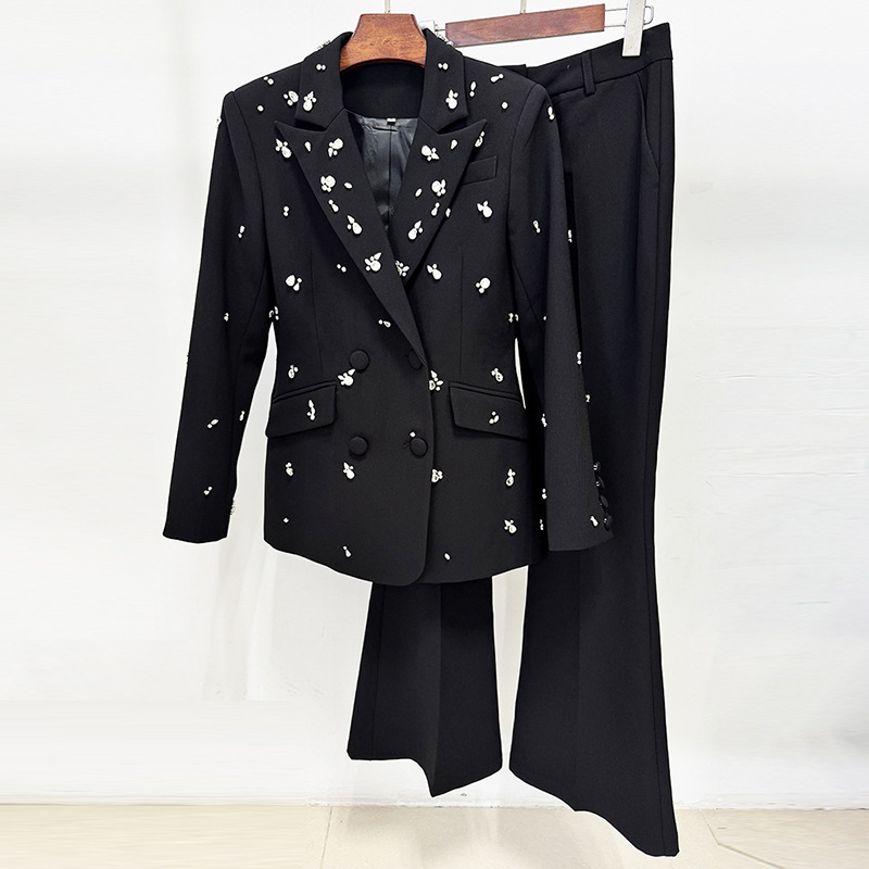 Luxury Black Pearl Embellished Blazer & Flare Pants Set - Elegant Double-Breasted Beaded Suit for Women - Chic Evening Party & Runway 2-Piece Outfit 3096
