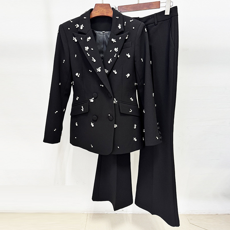 Luxury Black Pearl Embellished Blazer & Flare Pants Set - Elegant Double-Breasted Beaded Suit for Women - Chic Evening Party & Runway 2-Piece Outfit 3096