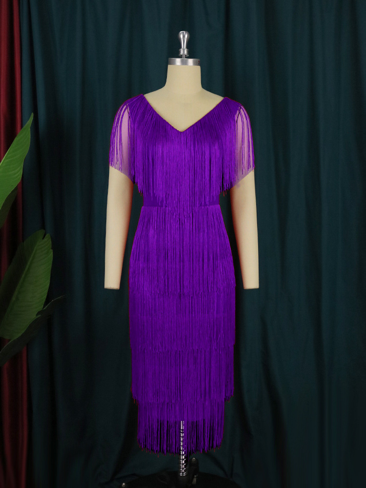 Plus-Sizes Sexy V-Neck Fringe Bodycon Party Dress AM220653 -UGENA FASHION