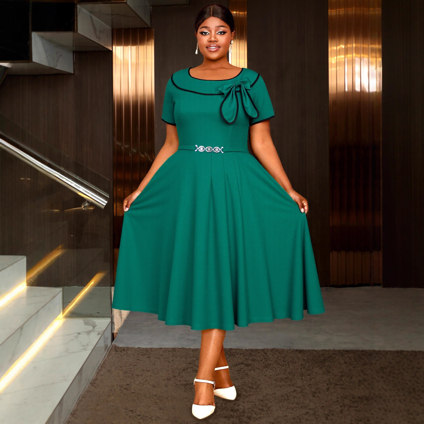 Plus-Sizes Elegant  Midi Dress with Pleated Skirt AM050530	-UGENA FASHION