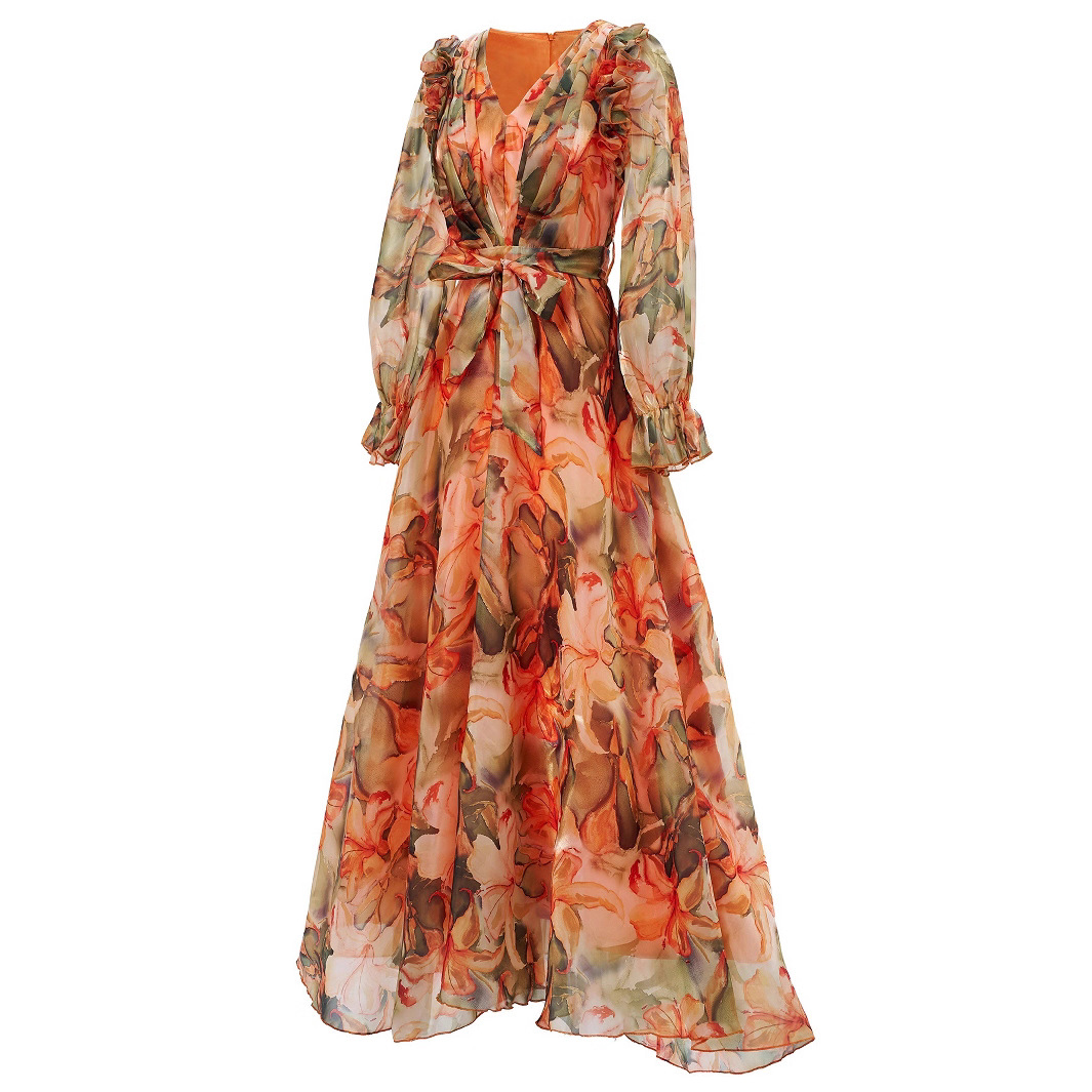 Terracotta Floral Chiffon Maxi Dress | Ruffle Shoulder V-Neck Gown with Tie-Waist Belt | Elegant Fall Wedding Guest & Resort Wear qc23